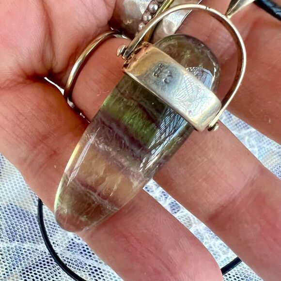 Genuine Fluorite & Lapis Lazuli Goddess Pendant Sterling Articulating Bail - Picture 3 of 10